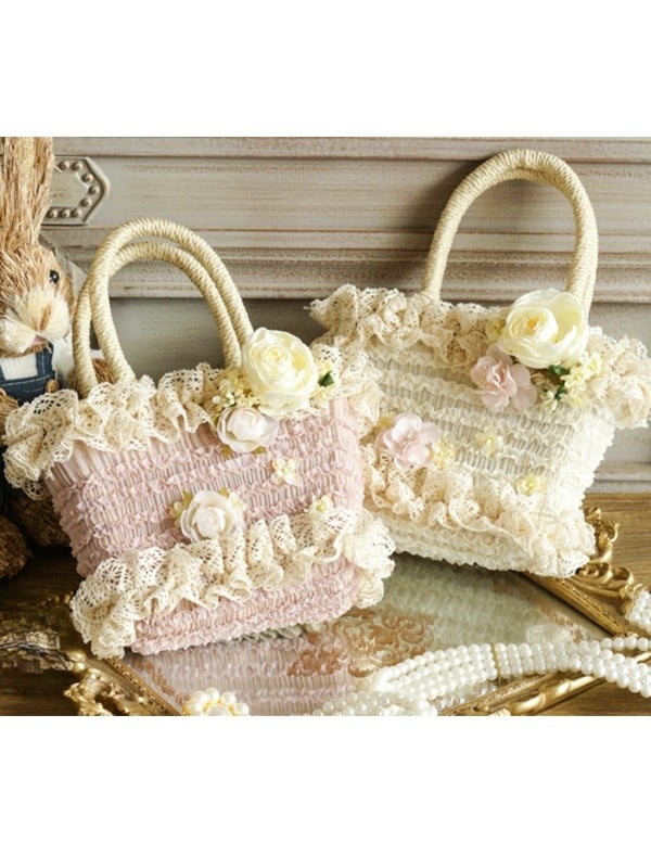 Accents Lace-Trimmed Beige/Pink Flower Country Handbag with Woven