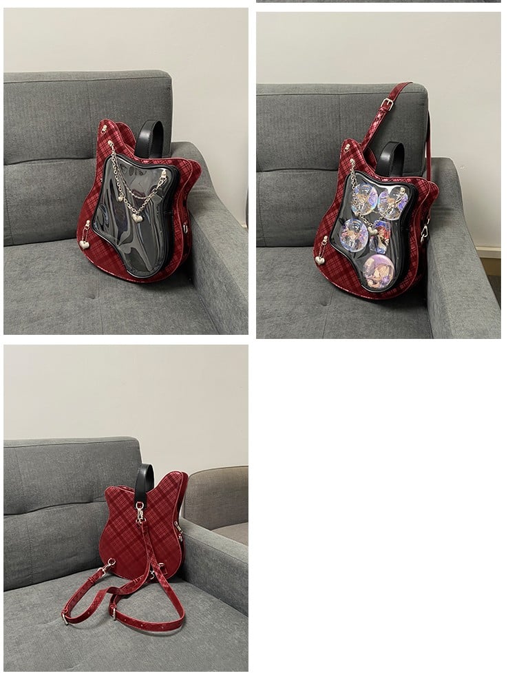 Edgy 2-Way Y2K Black Red Plaid Guitar-Shaped Ita Bag With Heart Chain Accents