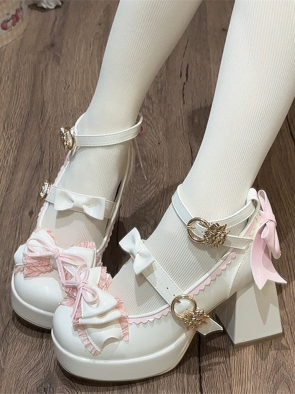Bow White Height and Lolita Pink Elegant Ankle 8cm Strap Accents with Heel