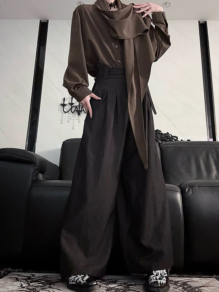 Brown Scarf Shirt Lolita Long Neckline Sleeve