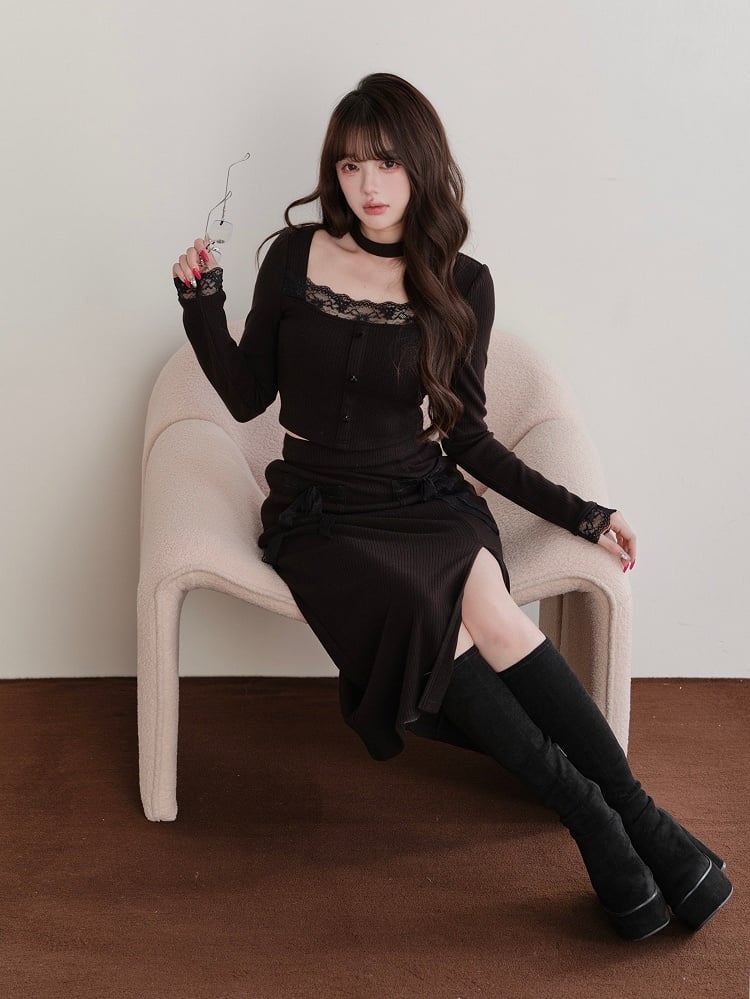 Slit - Lace Jirai Accent Bow Set Square Skirt Black Two-Piece Neck Choker Top Kei Design +