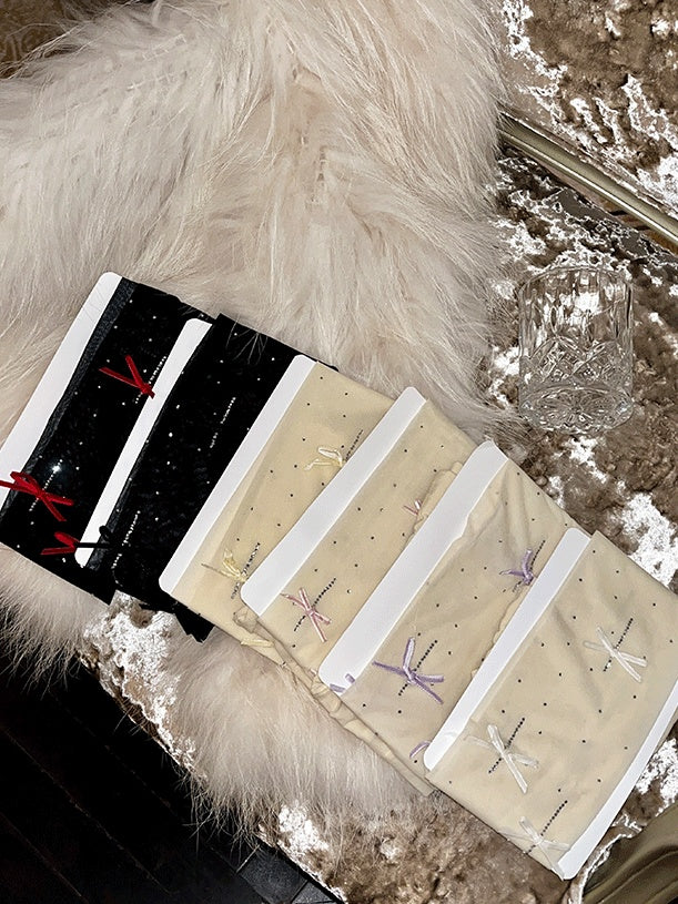 ラインストーンリボンドット柄タイツ