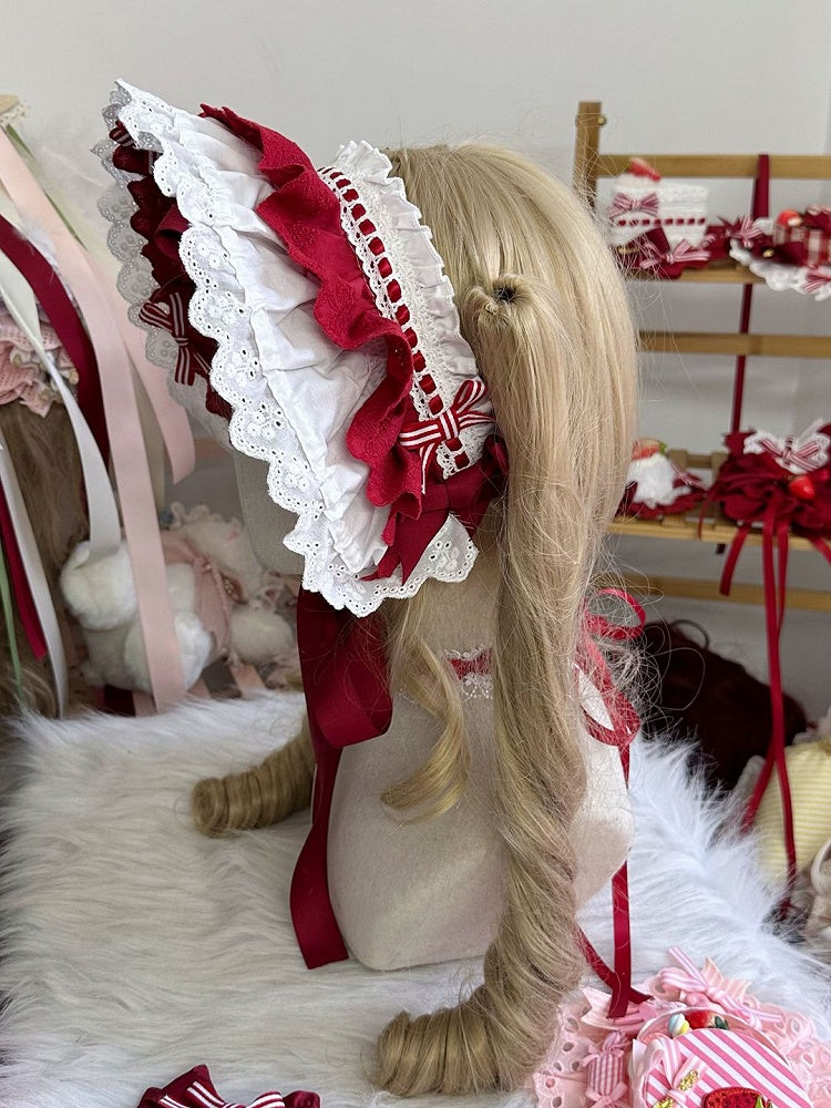 with Striped Bonnet Bows White Ribbon Lace-Trimmed Red