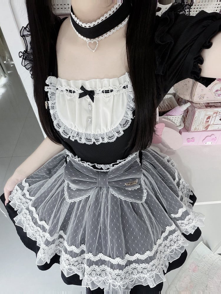 Black Square-Neck Puff-Sleeve Top, Lace & Rhinestones, with Choker - Ostslheep