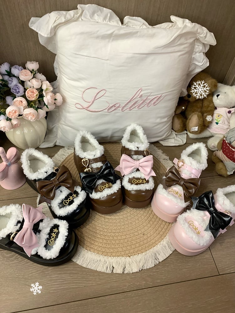 Round Toe Sweet Lolita Brown Platform Shoes with Fleece-lined & Strawberry Snap