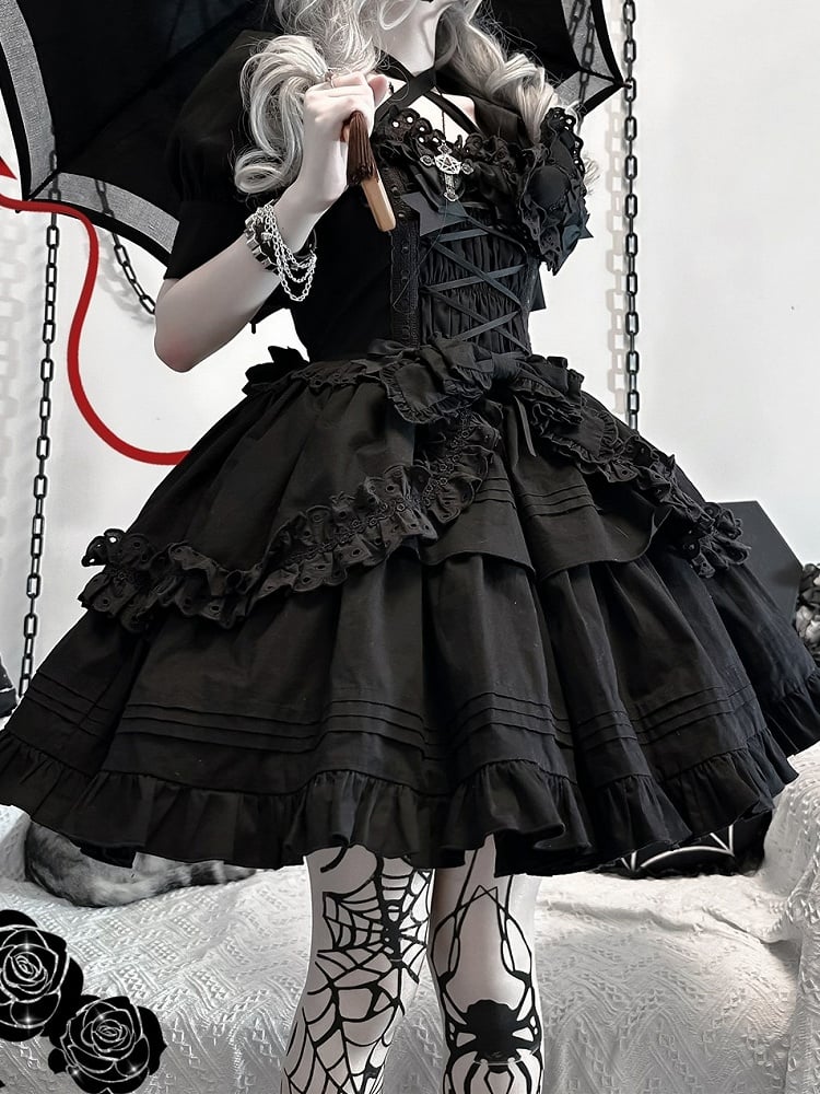 Dress Short Bowknots Heart-shaped Lolita Gothic Version JSK and Decoration Ruffled Black with
