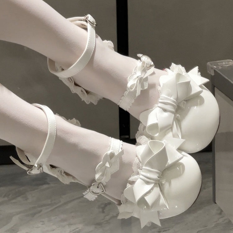 at - Sweet Toe Round Top Trim Bow White Sandals Low-heel Lolita Lace