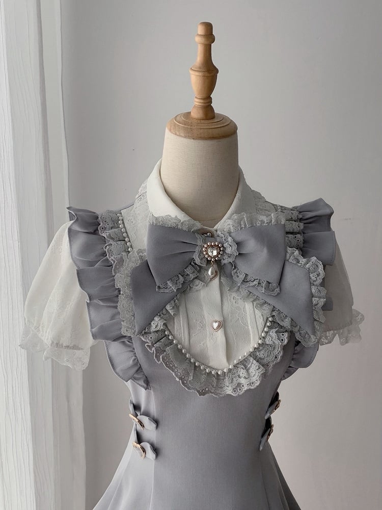 Blue and White Landmine Style Lace Trim Short Sleeve Dress with Matching Shorts and Bow Tie Set - Ekomi