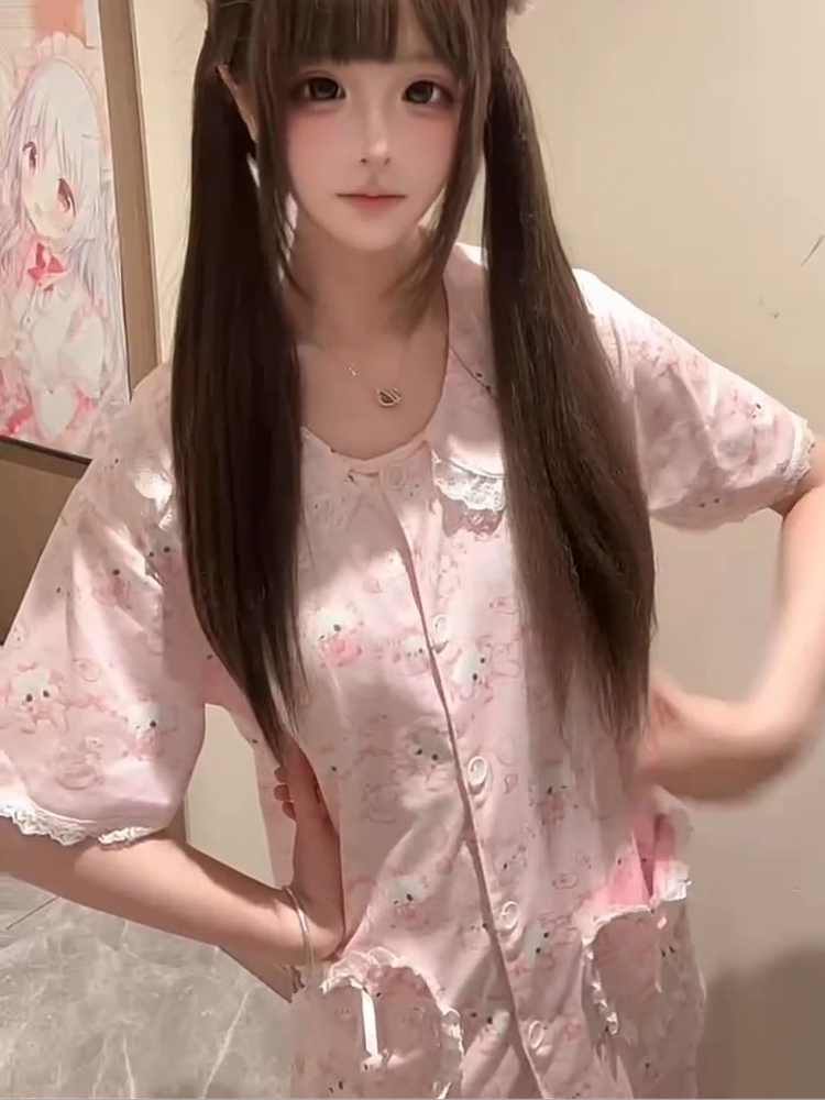 Pajamas Print + Bunny Peter Pan Collar Allover Pink Blouse Kei Jirai Heart Pockets Set Shorts