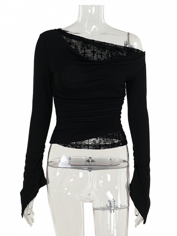 Black Halloween Embroidery Asymmetrical Cross Top Neck Long with Sleeve Gothic