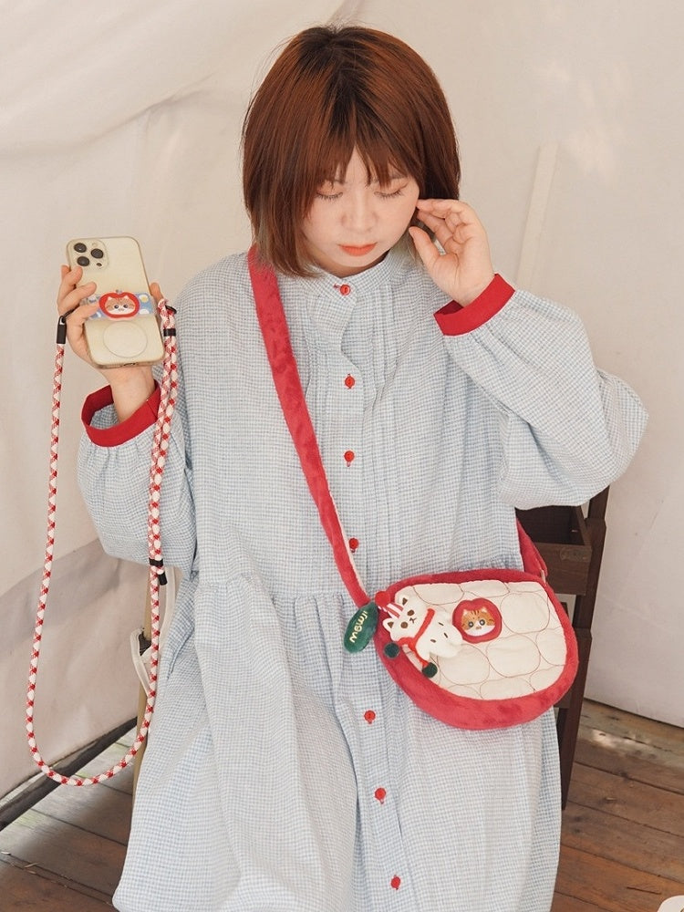 Cute Cat And Apple Pattern Red&White Crossbody Bag
