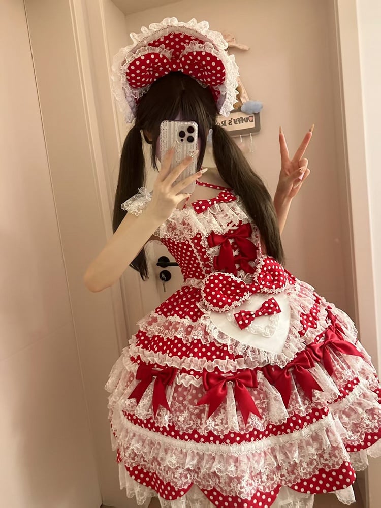 Polka Lolita Kleid Rock Muster Akzente Schleife Schule Alte Punkte Roter Pullover