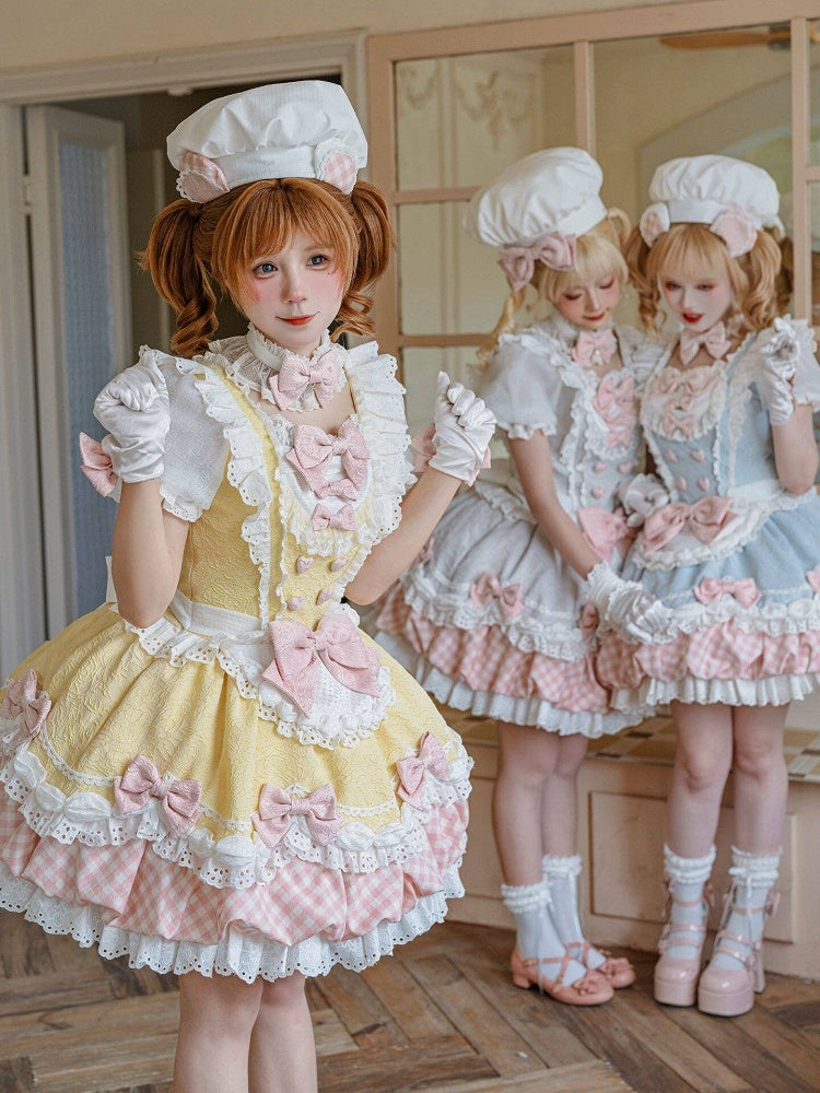 Light Yellow Pastry Chef Theme Bow Lace Trim Short Sleeve Lolita OP with Plaid - Asleep Townlet