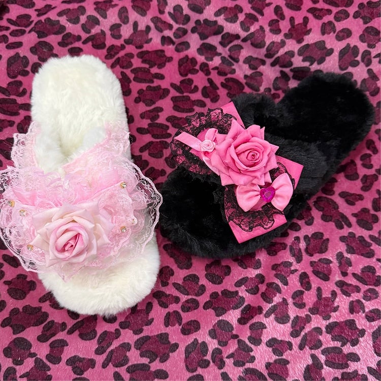 Fashion with Bow Slippers Plush Black/White Pink Gyaru Hime