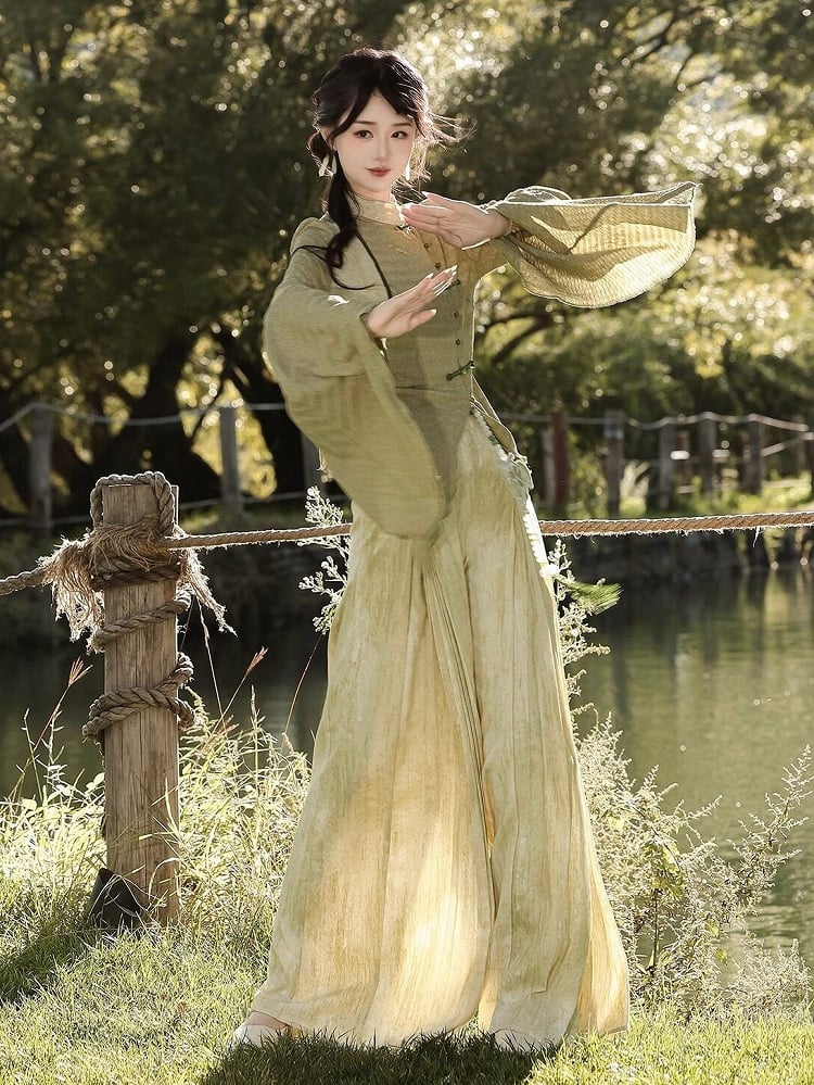 Asymmetrical Green Long-Sleeved Top with Pleated Pants Outfit, Modern Chinese Style - Han Ru Chu Hanfu & Han-Element Studi