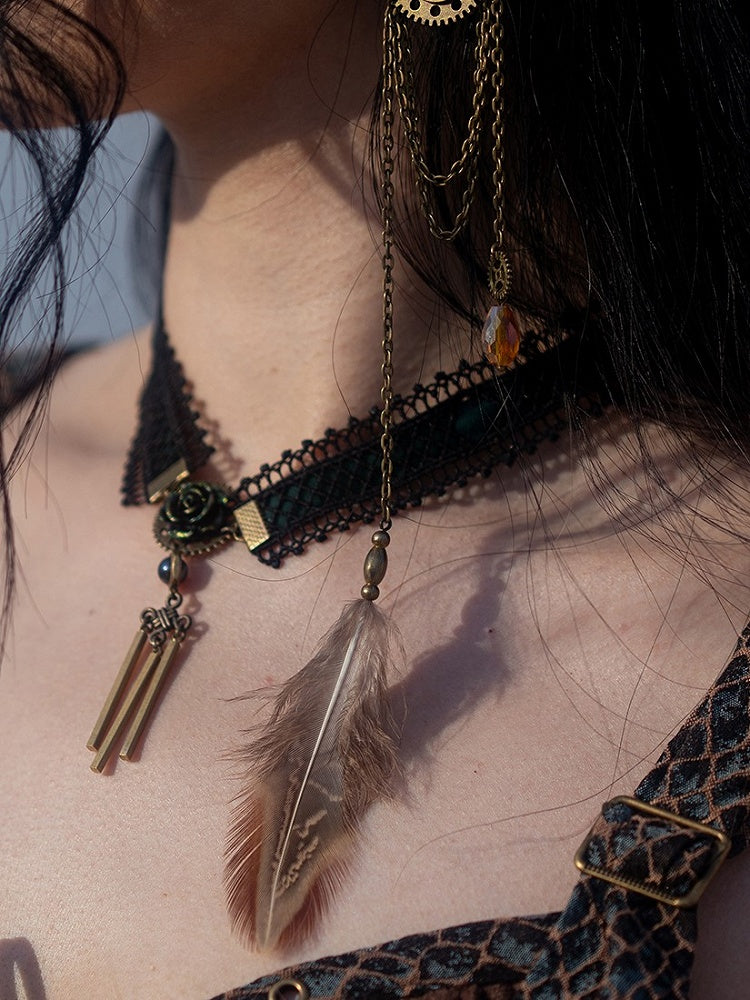 黒とダークグリーンのタッセル付きチョーカーレーススチームパンク