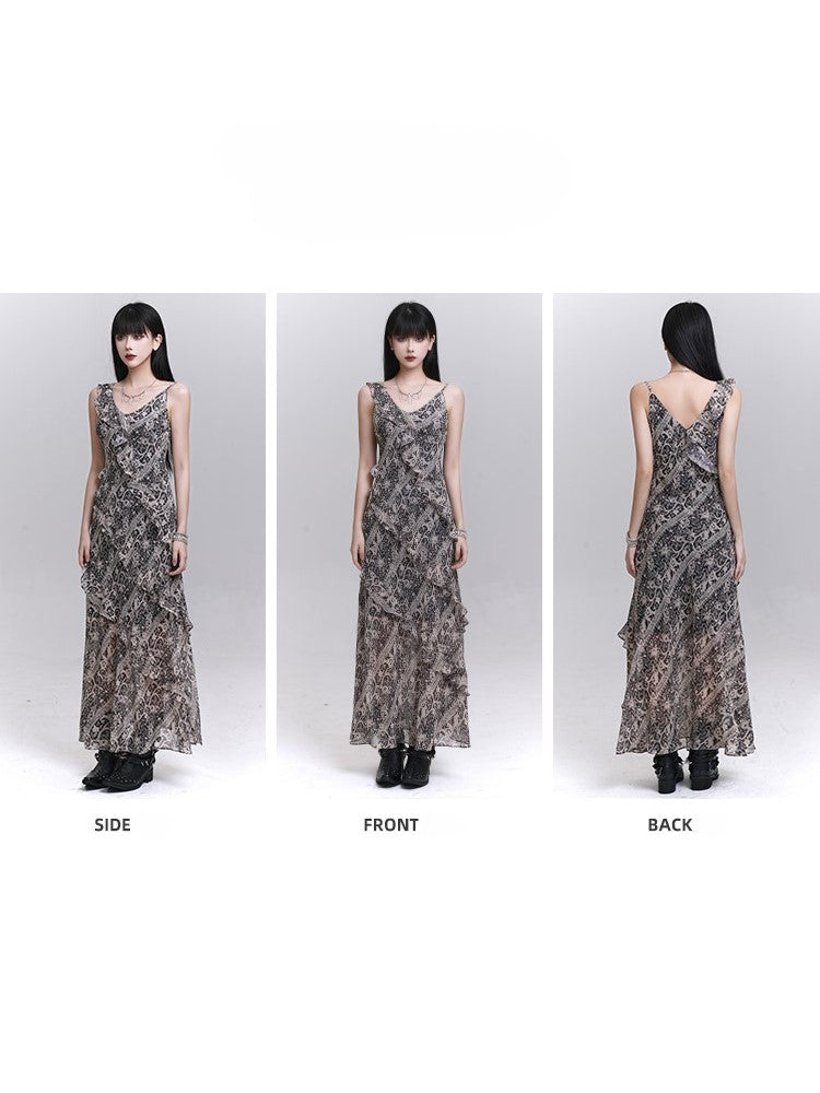 Cascading Trim Ankle-Length with Gothic Dress Gray Ruffle A-Line Tie-Dye