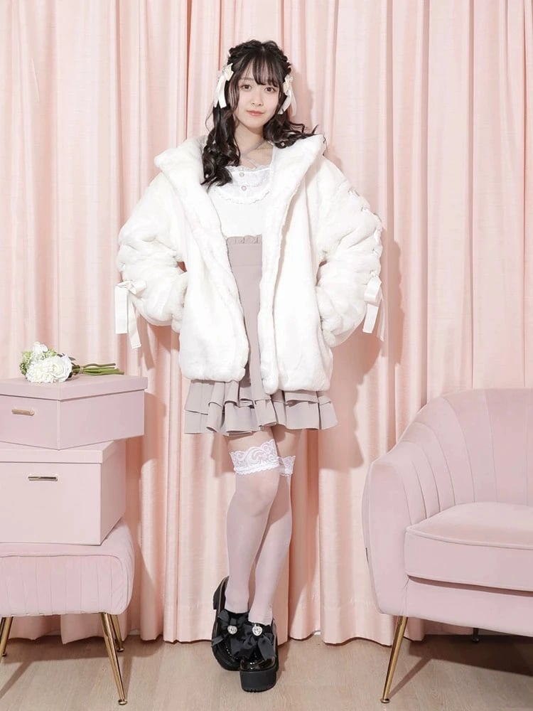 Sweet Jirai Kei Plush Bunny Ear Hooded Coat for Fall/Winter with Lace-Up Sleeves in Dusty Pink/White/Black