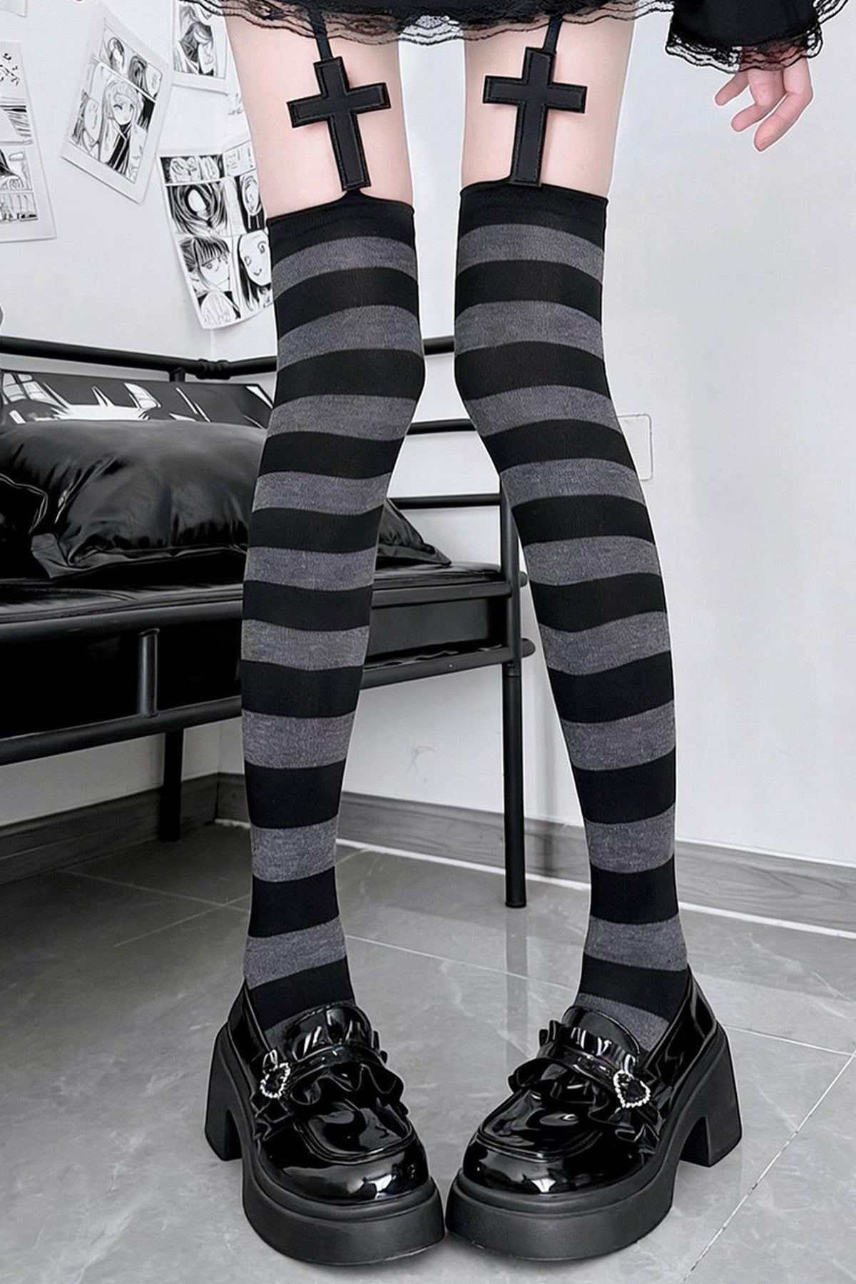 Black-and-gray striped stockings with cross accents