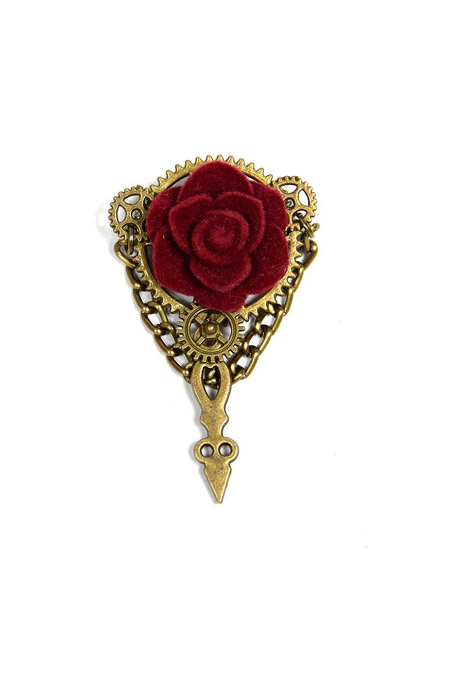 Wine-red rose and gear brooch product view