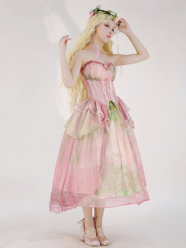 Full-length Cyan pink fairy Lolita corset top and long oil-painting skirt look