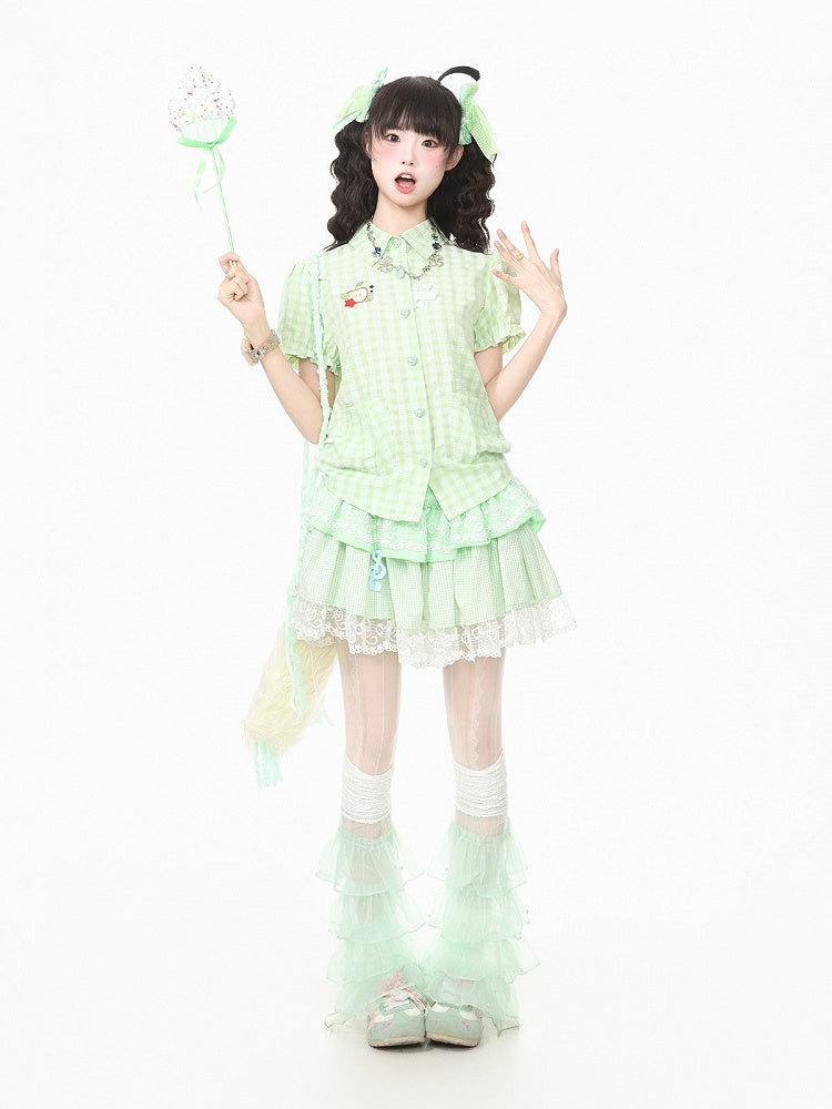 Green Gingham Puff Sleeve Top with Apple Embroidery - Languid Park