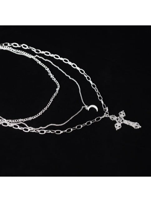 Silver Gothic Layered Necklace with Cross & Moon Charms - Strange Sugar
