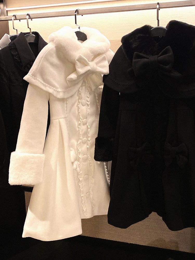 ジライケイ ホワイト/ブラック 取り外し可能なケープ 蝶結びディテール 地雷スタイルコート