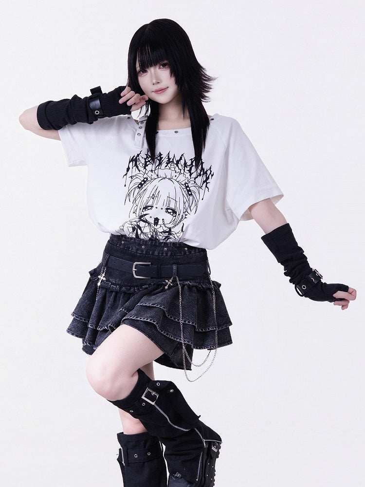 White Asymmetric Shoulder Anime Girl Print Tee - Tribuo Flos
