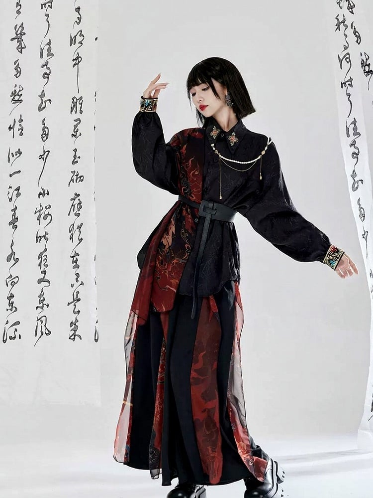 Set Pants BlackRed Pendant + Chain Shirt Embroidered Chinese-style Hanfu Waist