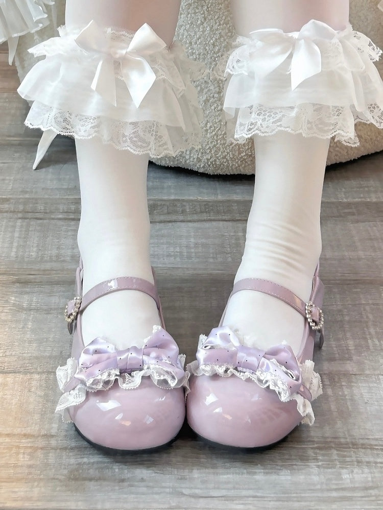 Sweet Purple Flat Mary Janes - Polka-dot Top Bow, Lace Details & Rhinestone Heart Clasp