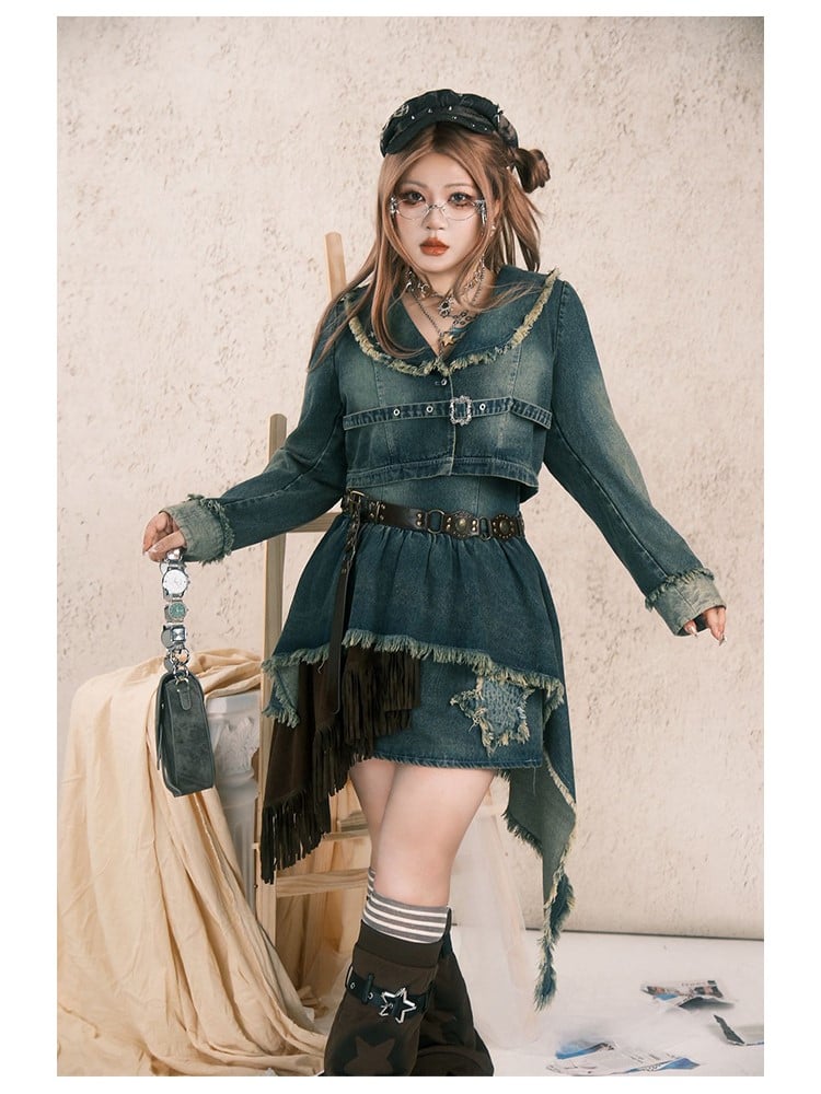 Size Jacket with Y2K Punk Hem Wasteland Plus Denim Gray-Blue Raw Crop