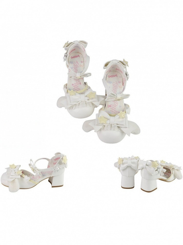 White Kawaii Plush Dog Ears Mid Heel Shoes - Sheep Puff