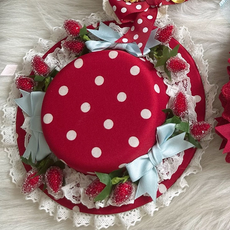 Hat Strawberry Lolita Polka-dot Sweet Mini Lace Bow Red