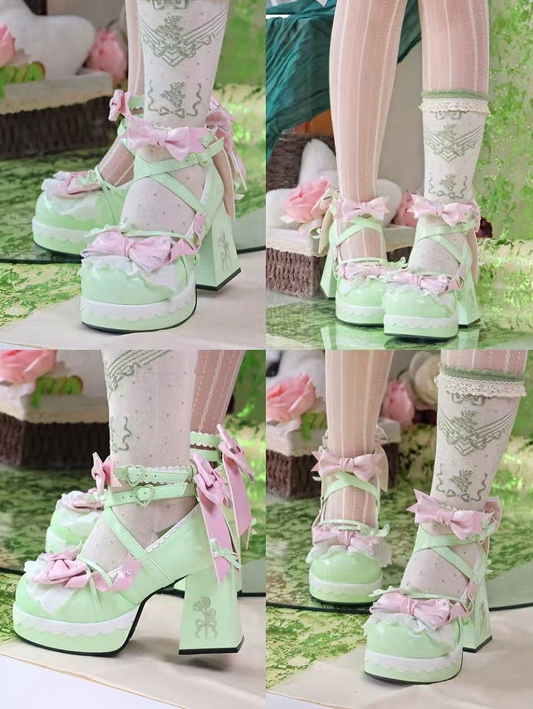 Bows with Striped Janes Lolita Heel Green Crisscross 8cm High Mary Light Block Design