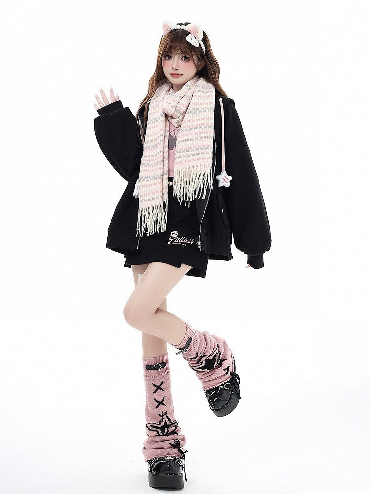 Black Hooded with and Charm Embroidered Jacket Star Drawstrings Chest Lettering