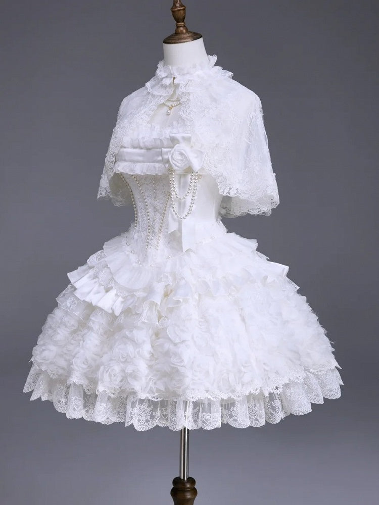Snow Theme Elegant JSK Dress with Pearl and Floral Brooch - Airfreeing