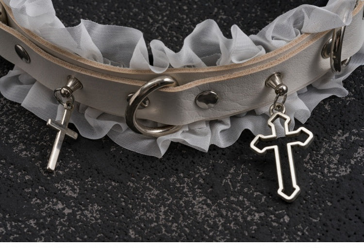 White Gothic Cross Stud Ring Buckle Ruffled KC