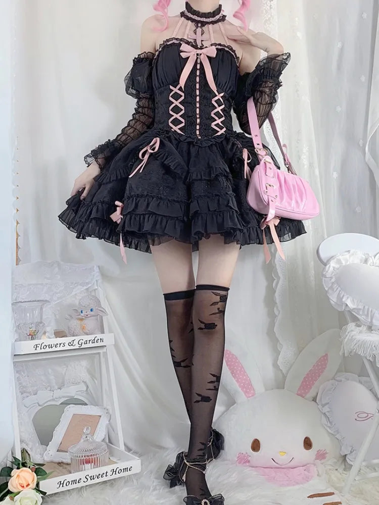Cross Belle – Schwarzes und rosa Neckholder-Korsettkleid, Balletcore, Lolita, JSK