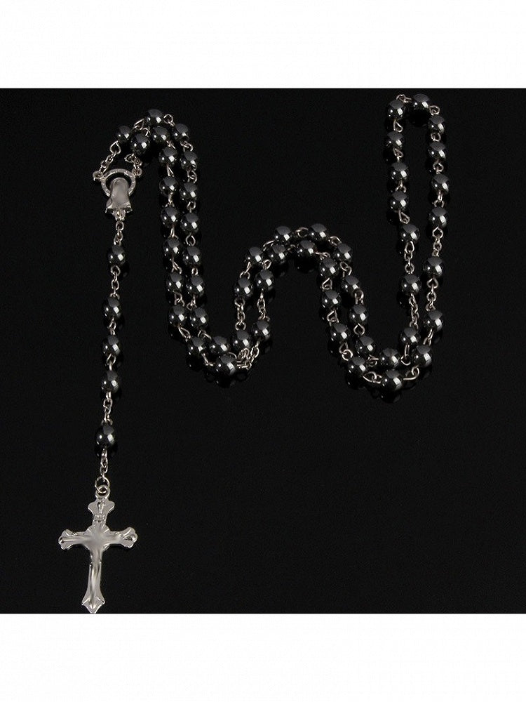 Beaded Black Gothic Cross Long Necklace