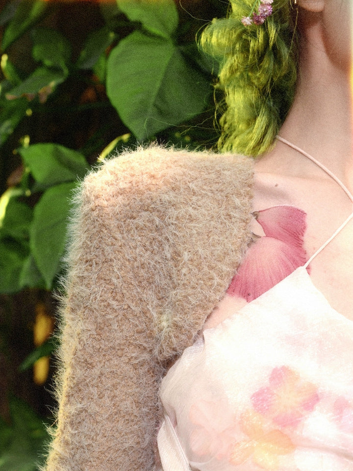 Spring Flounce Sleeves Top Lace Cuffs Camel Long Cropped