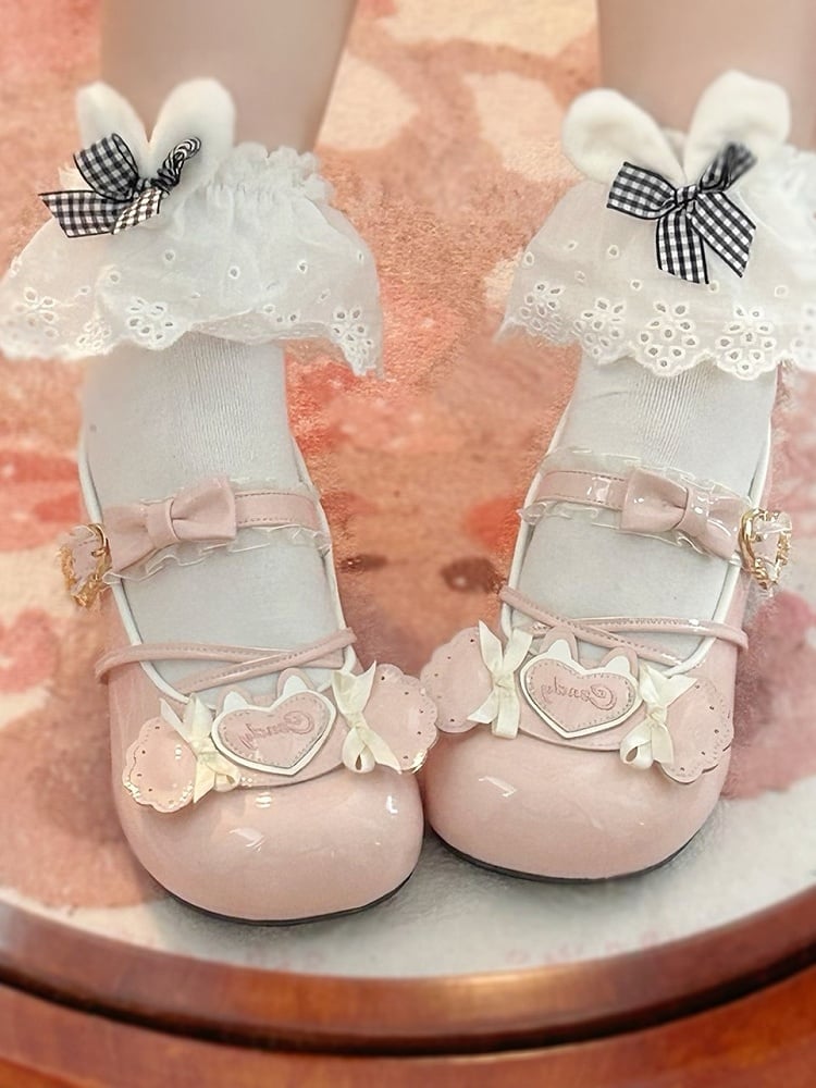 Lolita Toe Candy Janes Details with Heart Themed Low-heel Mary Sweet Round Pink