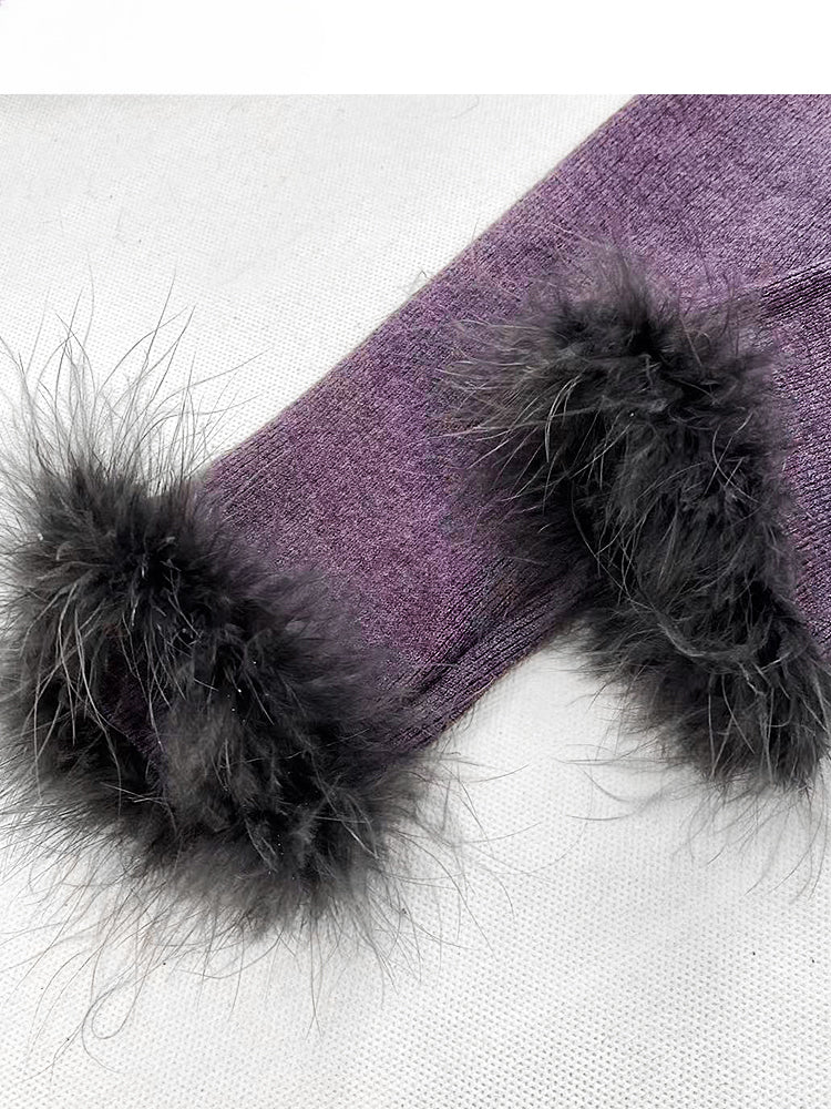 Lilafarbenes Top mit V-Ausschnitt, Plüschbündchen und Kragen