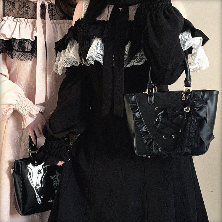 Jacquard Dress Rose Lace Black with Long-Sleeve Cutout and White Bow Jirai Shoulder Ruffled Kei