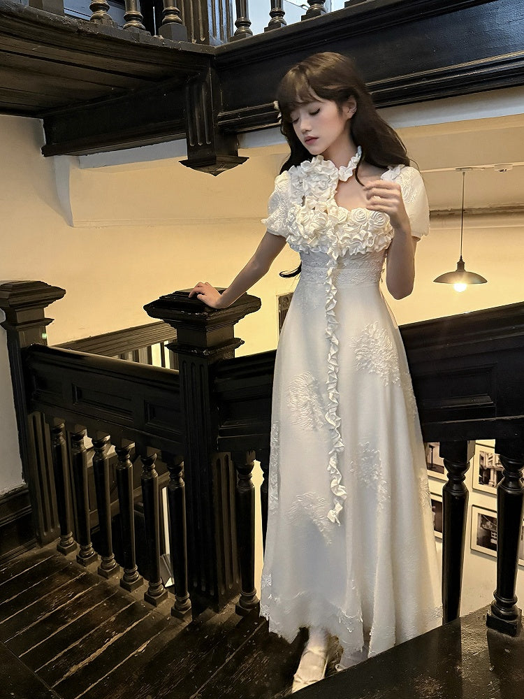 Quadratische verzierte Taille Rosen Elegant Empire Stück Ausschnitt weißes Kleid One Lolita