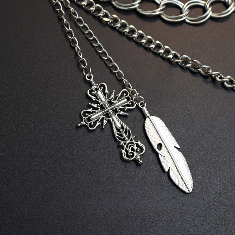 サイバーパンクゴシックシルバークロスチャームウエストチェーン+ブラックウエストベルト