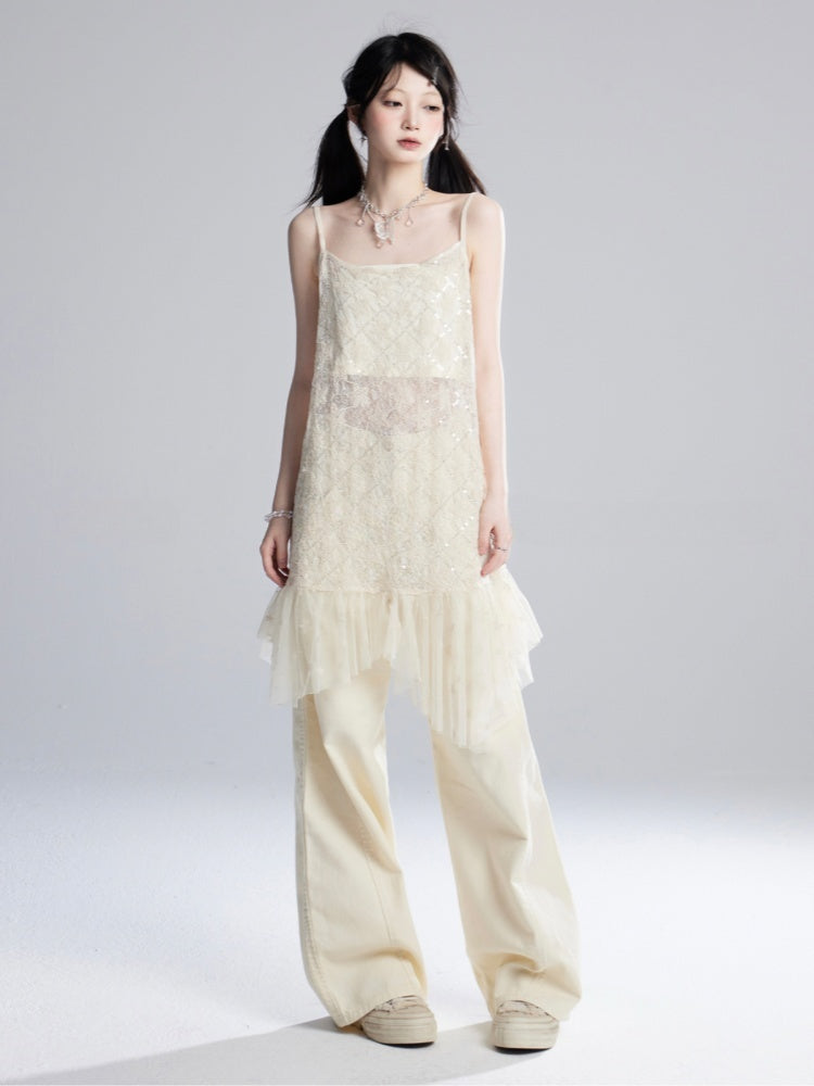 Aprikosenfarbene, bodenlange Hose mit weitem Bein und niedriger Taille