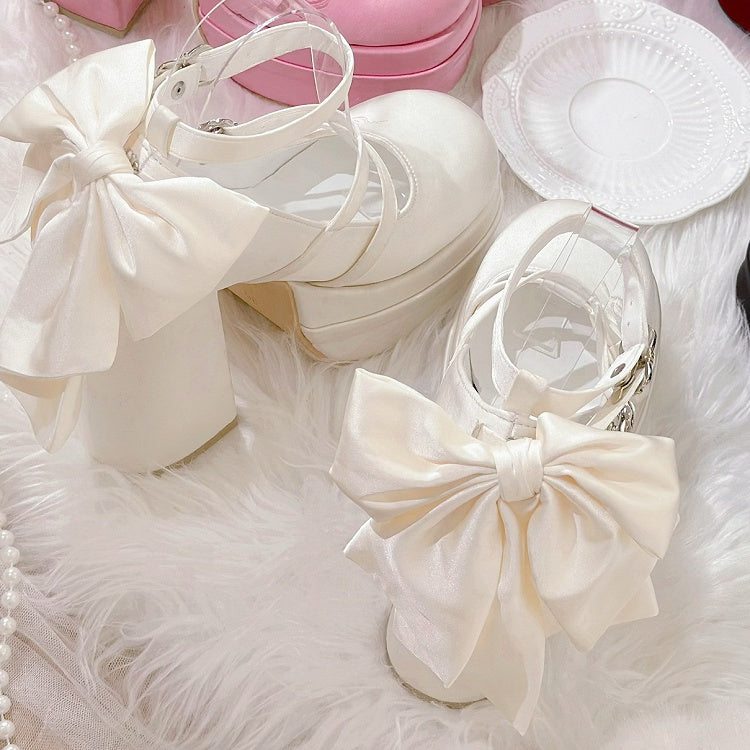 メアリーロリータ プラットフォーム ボウノット エレガント ジェーンズ ハイヒール ホワイト クラシック