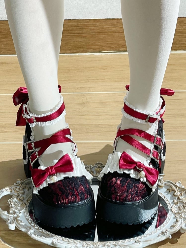 in Heels Lolita Elegant Wine Applique Buckle Rhinestone-Embellished Ruffles Chunky Platform Heel with Heart Trim Red