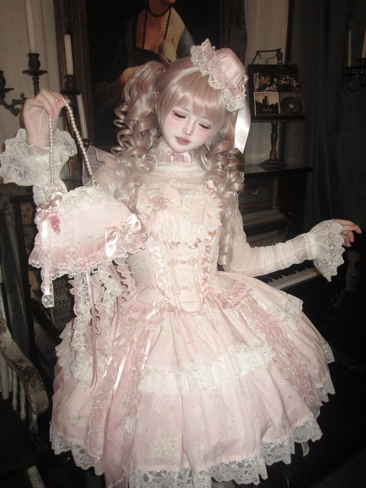 Pink Dress Princess and Jellyfish Lolita Button Jumper Blossom with Corset Accents Frog Print Pear Skirt